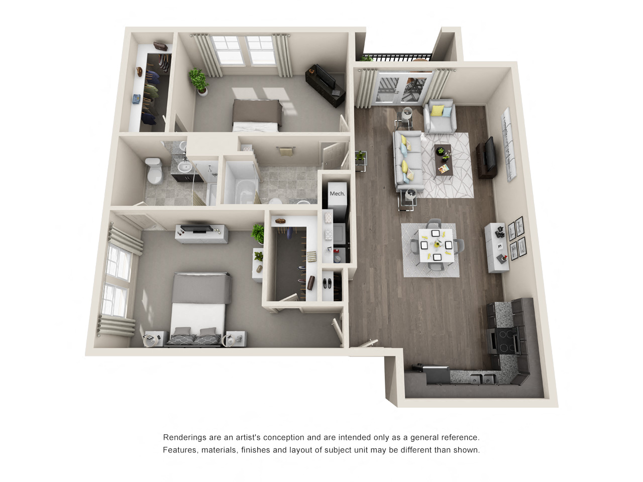 Floor plan for 2 beds, 2 baths, 1214 sqft